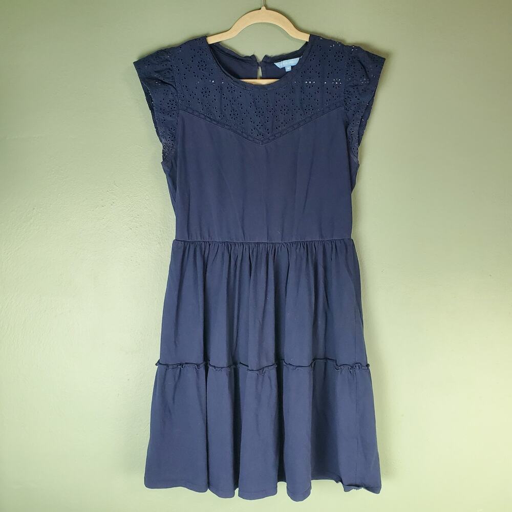 Draper James Womens Navy Blue Knit Eyelet Short Cap Sleeve Dress Size Medium